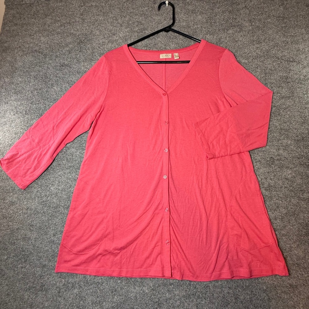 LOGO Lori Goldstein Coral Pink Button Front Cardigan V-Neck Pockets Medium